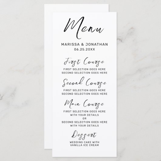 Menu Mariage de script moderne en noir blanc (Devant / Derrière)