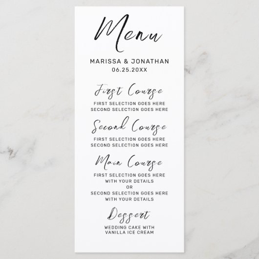 Menu Mariage de script moderne en noir blanc (Devant)