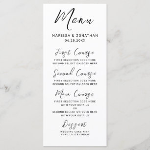 Menu Mariage de script moderne en noir blanc