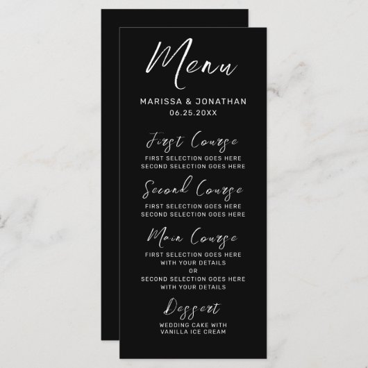 Menu Mariage de script moderne noir blanc main lettres (Devant / Derrière)