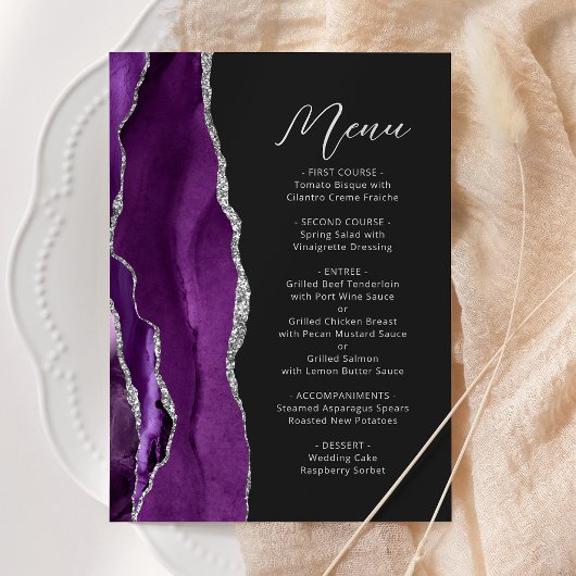 Menu Mariage de script moderne violet Agate Argent