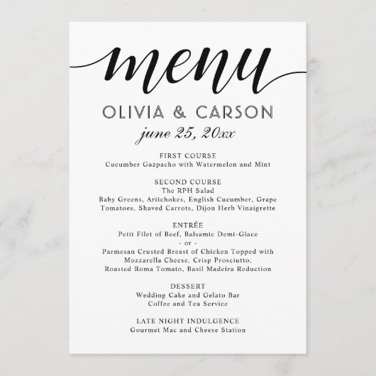 Menu Mariage de script noir et blanc moderne (Devant)