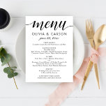 Menu Mariage de script noir et blanc moderne<br><div class="desc">Les cartes de menu mariage noir et blanc, modernes et chic, présentent un design typographique noir élégant avec des accents de script de calligraphie audacieux et un texte personnalisé élégant qui peut être personnalisé avec vos délicieux détails du menu du dîner et un monogramme des noms de mariée et de...</div>