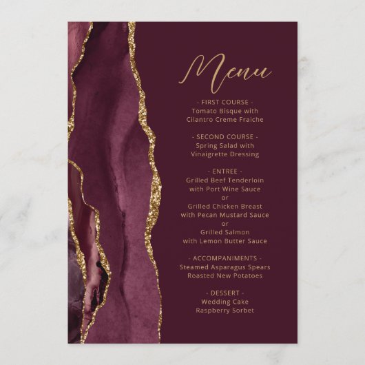 Menu Mariage de script or Agate Burgundy (Devant)