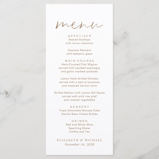 Menu Mariage de script or chic (Devant)