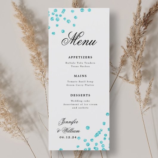 Menu Mariage de script romantique Confetti Turquoise