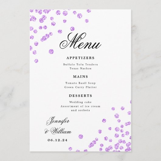 Menu Mariage de script romantique Confetti violet (Devant)