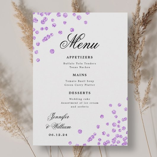 Menu Mariage de script romantique Confetti violet