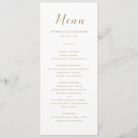 Menu Mariage de script romantique simple or (Devant)