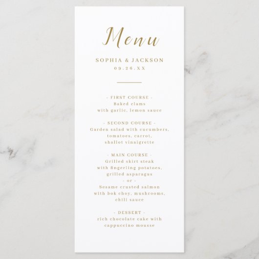 Menu Mariage de script romantique simple or (Devant)