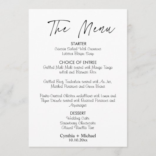 Menu Mariage de script simple (Devant)