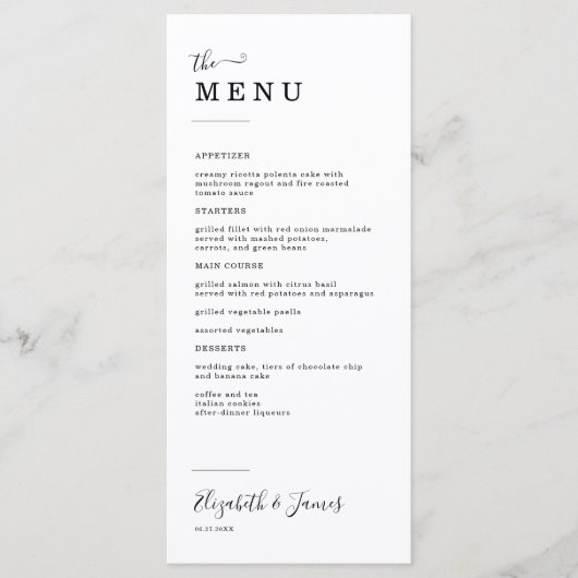 Menu Mariage de script simple (Devant)