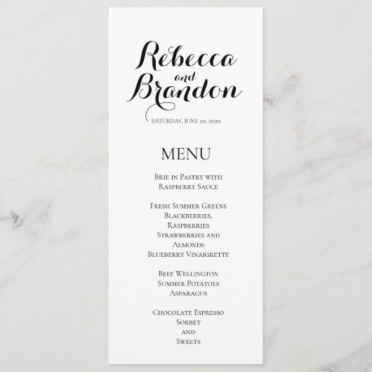 Menu Mariage de script simple noir blanc élégant (Devant)