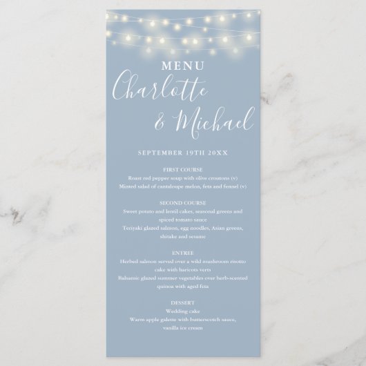 Menu Mariage de signature Dusty Blue String Lights (Devant)