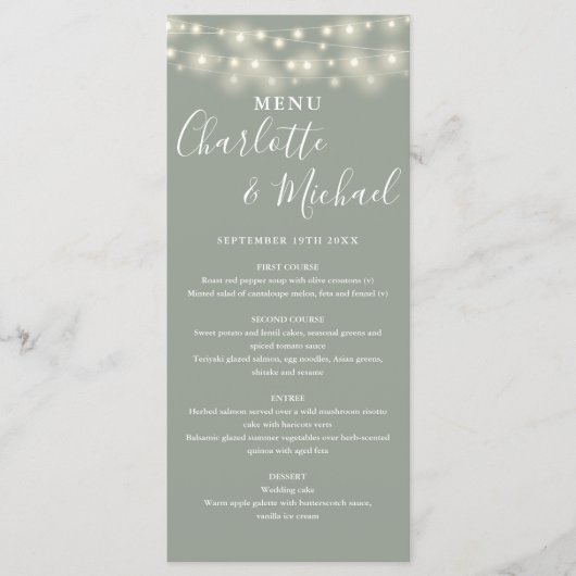 Menu Mariage de signature Sage Green String Lights (Devant)