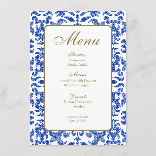 Menu Mariage de style Amalfi bleu et blanc (Devant)