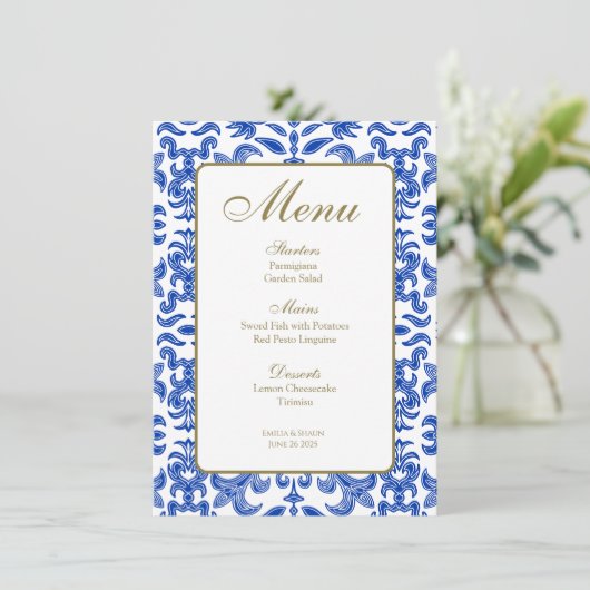 Menu Mariage de style Amalfi bleu et blanc (Debout devant)