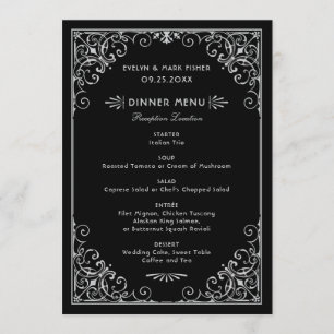 Menu Mariage de style Art Déco vintage noir et argent