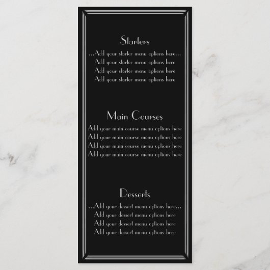 Menu Mariage de style Gatsby Art Déco Argent Noir (Dos)