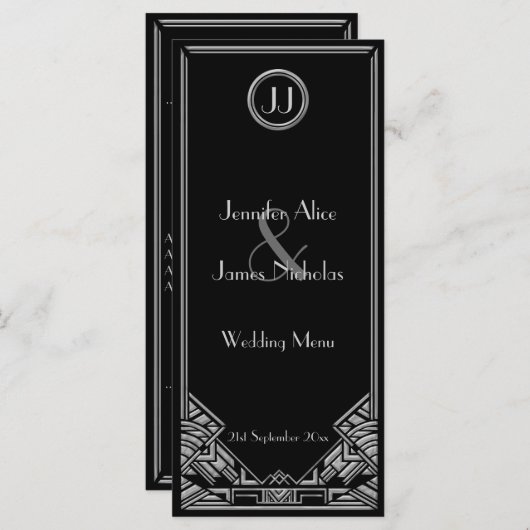 Menu Mariage de style Gatsby Art Déco Argent Noir (Devant / Derrière)