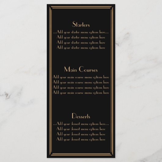 Menu Mariage de style Gatsby Art déco d'or noir (Dos)