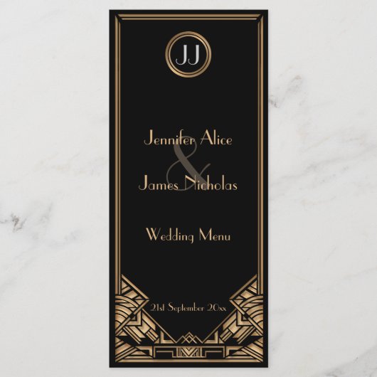 Menu Mariage de style Gatsby Art déco d'or noir (Devant)