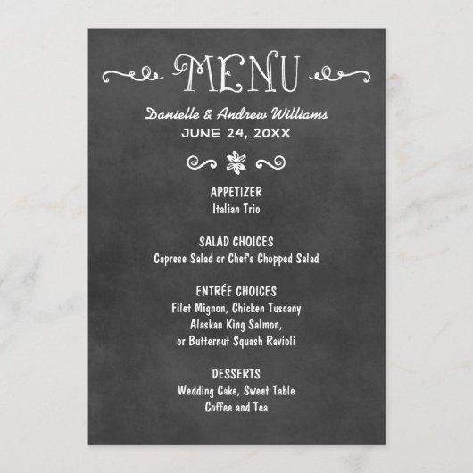 Menu Mariage de tableau de bord noir de script rustique (Devant)