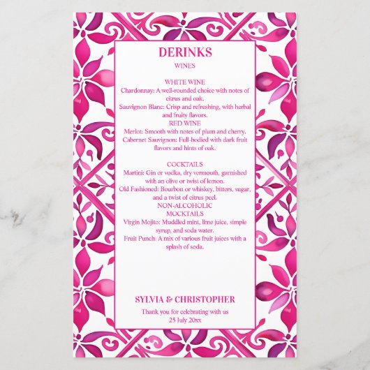 Menu mariage de talavera mexicain rose (Dos)