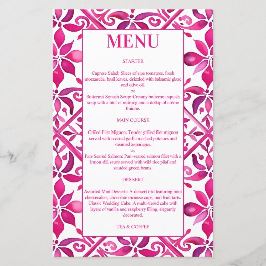 Menu mariage de talavera mexicain rose (Devant)