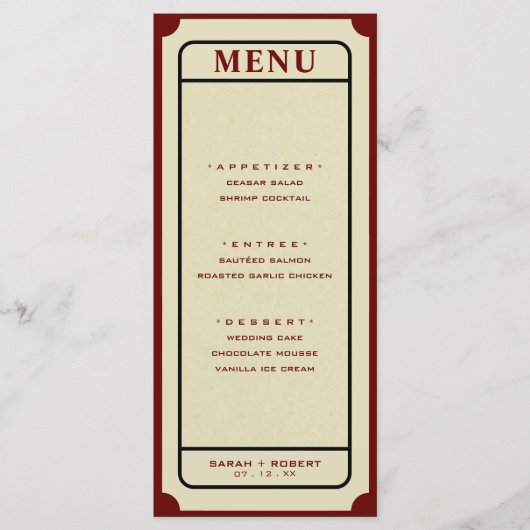 Menu Mariage de talon de ticket rétro (Devant)