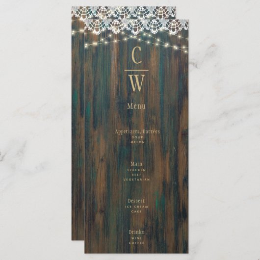 Menu Mariage de texte en or en dentelle de bois rustiqu (Devant / Derrière)