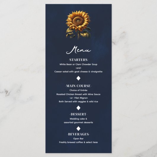 Menu Mariage de tournesol bleu rustique (Devant)