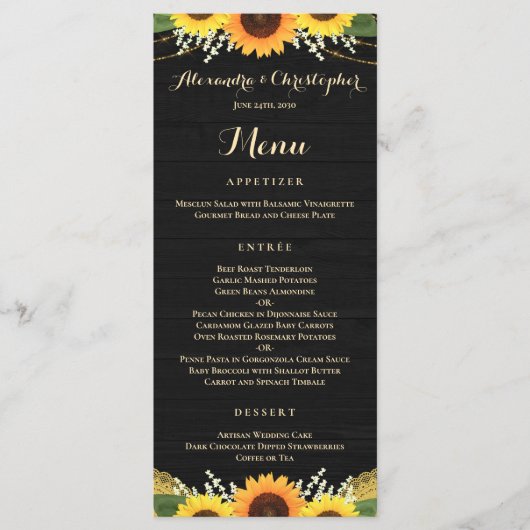 Menu Mariage de tournesol de dentelle en bois noir rust (Devant)