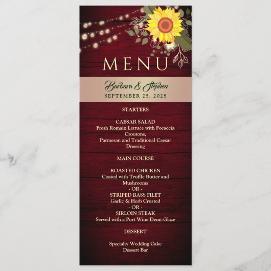 Menu Mariage de tournesol rustique (Devant)