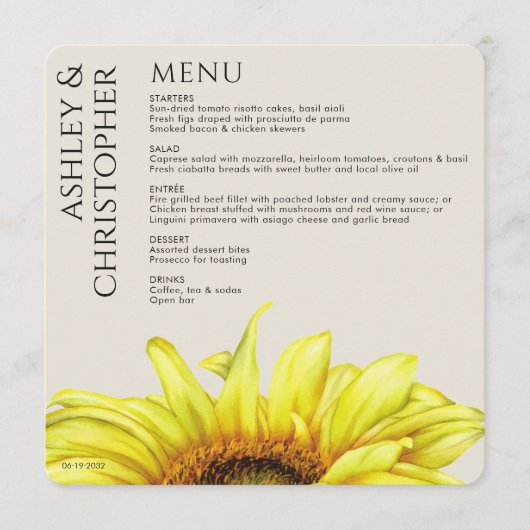 Menu Mariage de tournesol rustique moderne (Devant)