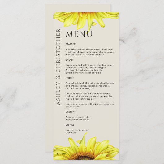 Menu Mariage de tournesol rustique moderne (Devant / Derrière)