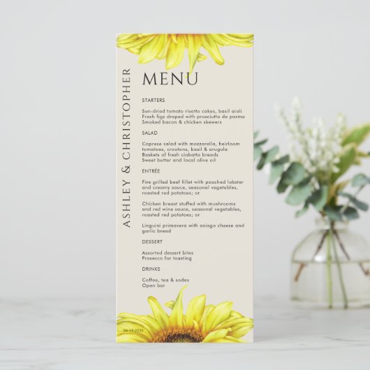 Menu Mariage de tournesol rustique moderne (Debout devant)