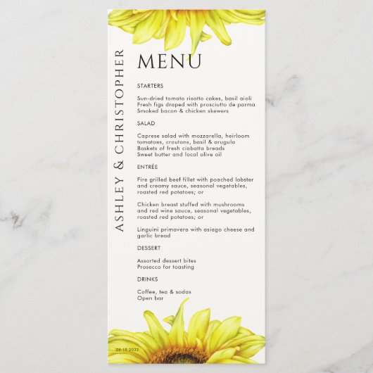 Menu Mariage de tournesol rustique moderne (Devant)
