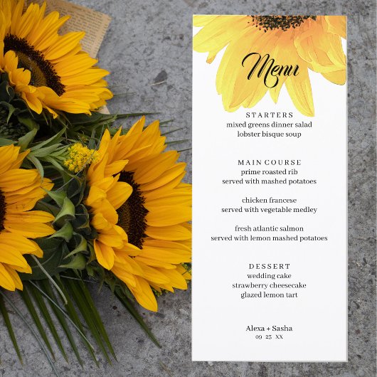 Menu Mariage de tournesols aquarelle