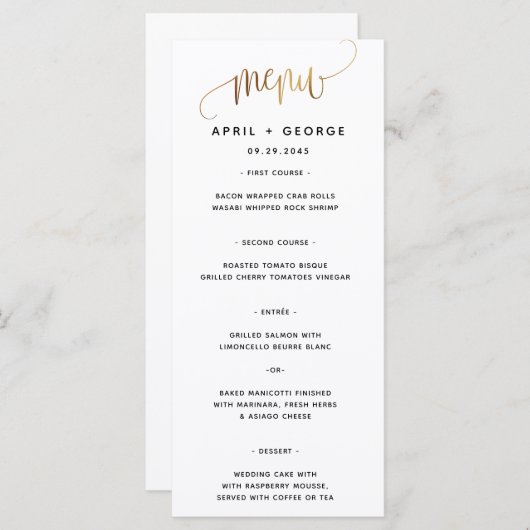 Menu Mariage de typographie de script d'or noir (Devant / Derrière)