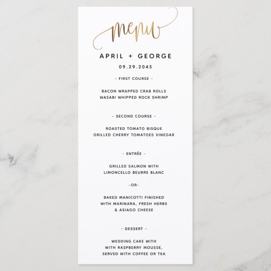 Menu Mariage de typographie de script d'or noir (Devant)
