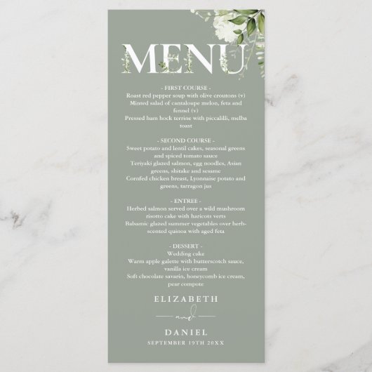 Menu Mariage de typographie florale de verdure sage Mon (Devant)
