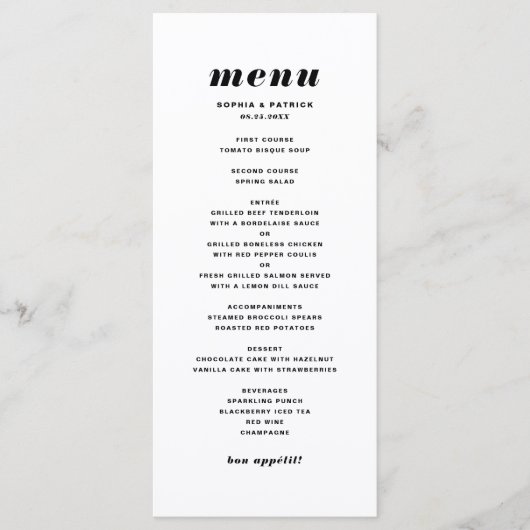 Menu Mariage de typographie italique noir et blanc gras (Devant)