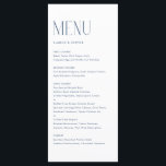 Menu Mariage de typographie minimaliste moderne bleu ma<br><div class="desc">Carte menu personnalisable avec typographie moderne. Personnalisez en ajoutant la date et le choix du repas. Cette carte au menu minimaliste bleu marine est parfaite pour les mariages,  les baby showers,  les douches nuptiales,  les anniversaires et plus encore.</div>