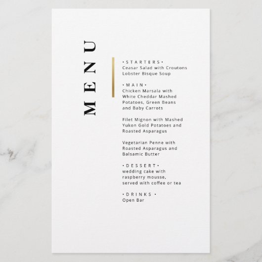 Menu mariage de typographie noir et blanc or (Devant)