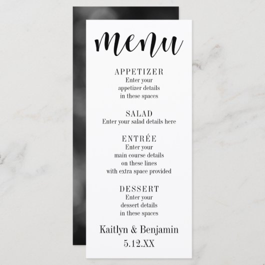 Menu Mariage de typographie noire avec Bokeh Back (Devant / Derrière)