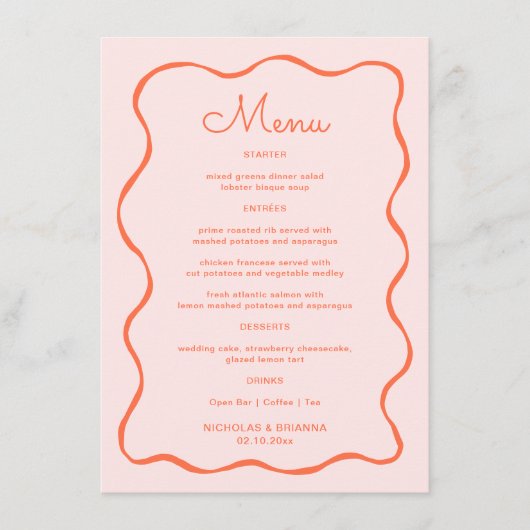 Menu Mariage de vague rose et orange (Devant)