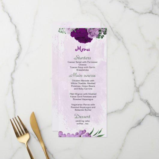 Menu Mariage de verdure aux fleurs violettes (Devant/Arrière en situation)