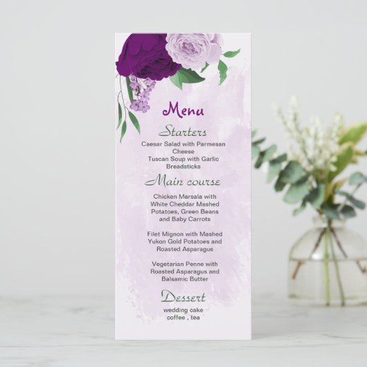 Menu Mariage de verdure aux fleurs violettes (Debout devant)