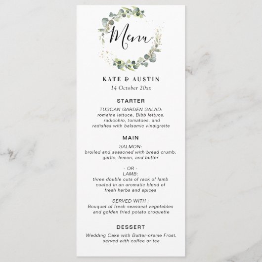 Menu Mariage de verdure d'eucalyptus aquarelle (Devant)